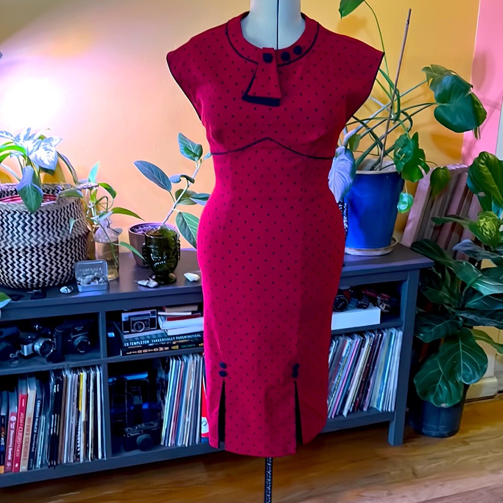Dark red polka dot pinup wiggle dress XL